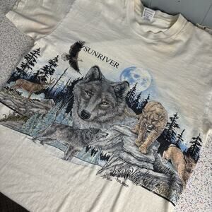 Vintage 1991 Sunriver Spirit Animal Wolf Deer Eagle Moon Shirt Large Single Hare
